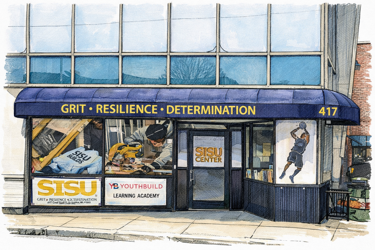 Watercolor illustration of the SISU Center storefront at 417 Canal Street, Lawrence